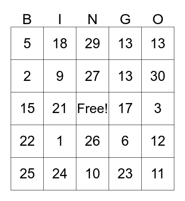 Chinese bingo Card