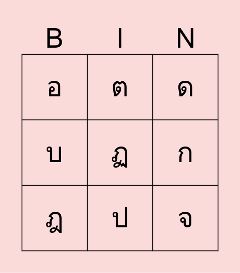 Thai alphabet Bingo Card