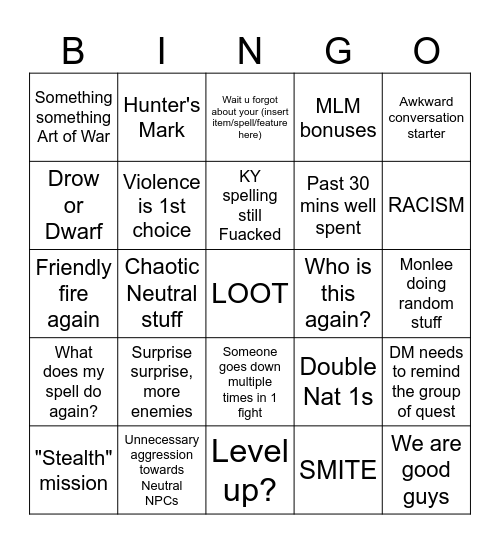 DnD Undermountain Edition Bingo Card