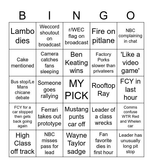 Weccord Rolex 24 Bingo Card