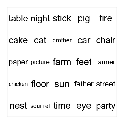 Sight Word Bingo- Nouns Bingo Card