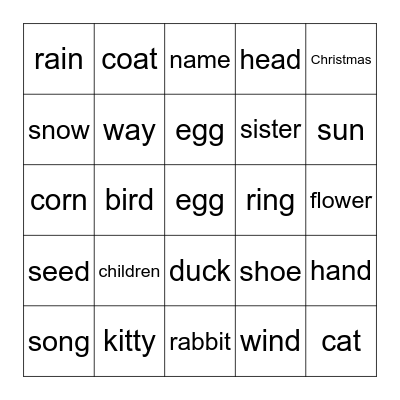 Sight Word Bingo- Nouns Bingo Card