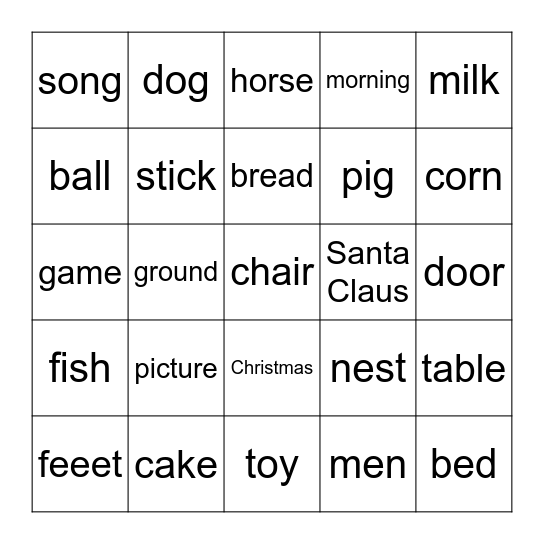 Sight Word Bingo- Nouns Bingo Card