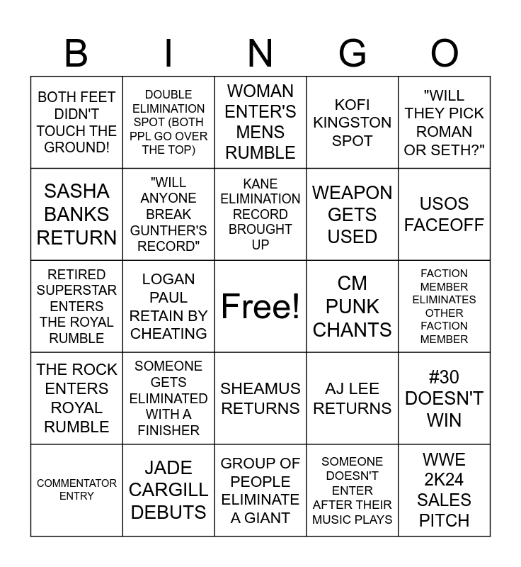 2024 ROYAL RUMBLE Bingo Card