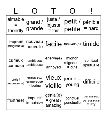 Les Adjectifs! 2024 Bingo Card