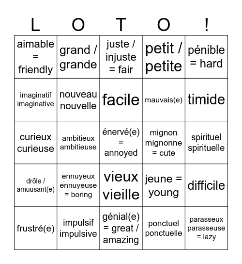 Les Adjectifs! 2024 Bingo Card