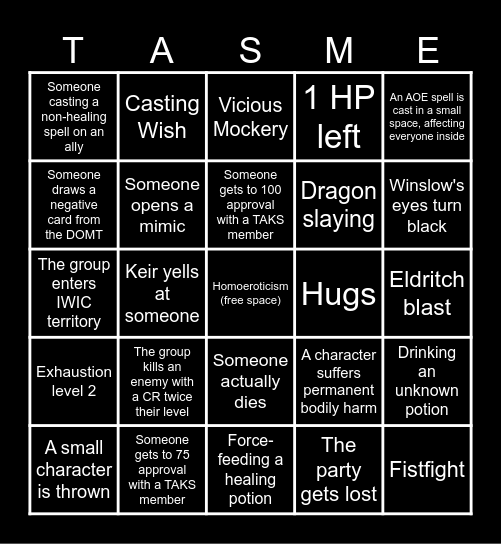 TAS--ME Bingo Card