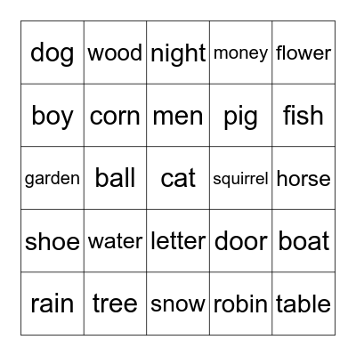 Sight Word Bingo- Nouns Bingo Card