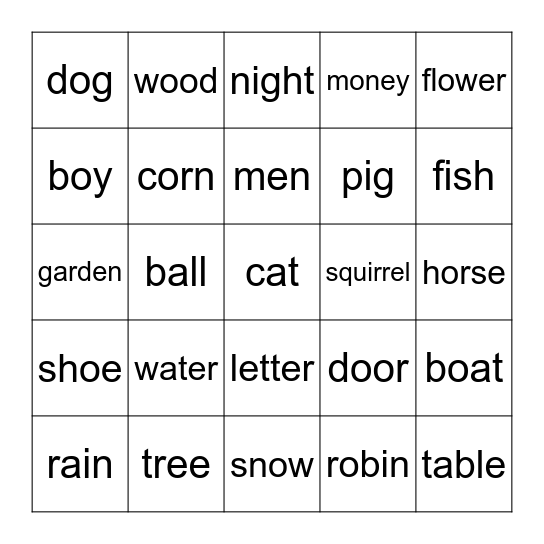 Sight Word Bingo- Nouns Bingo Card