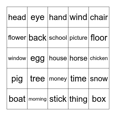 Sight Word Bingo- Nouns Bingo Card