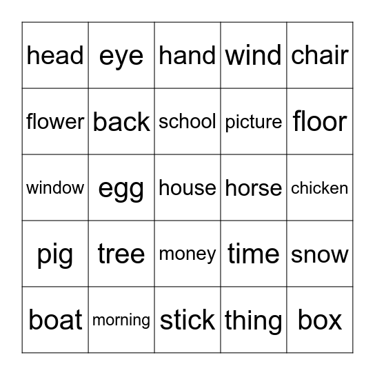 Sight Word Bingo- Nouns Bingo Card