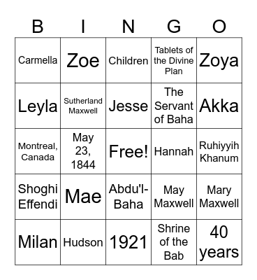 Abdu'l-Baha Bingo Card