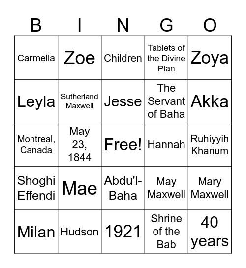 Abdu'l-Baha Bingo Card
