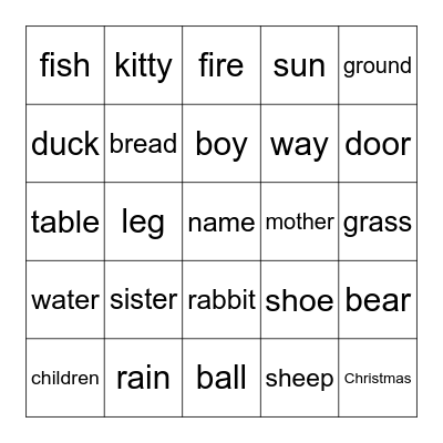 Sight Word Bingo- Nouns Bingo Card