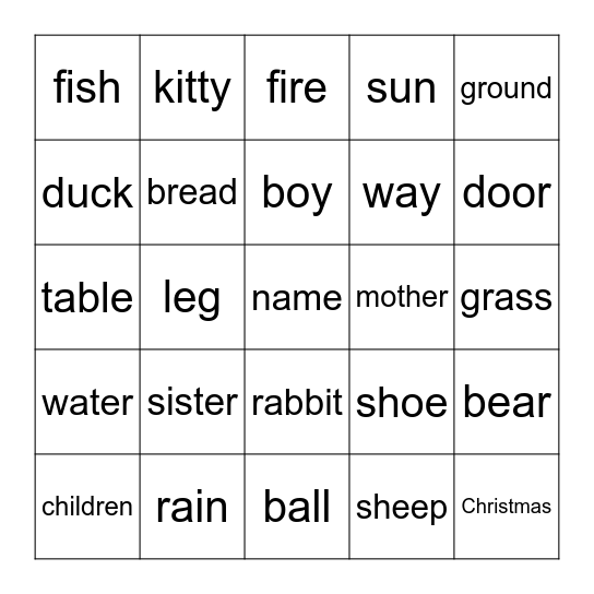 Sight Word Bingo- Nouns Bingo Card