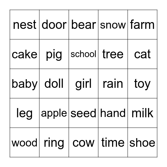 Sight Word Bingo- Nouns Bingo Card