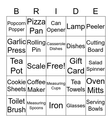 Kelly's Bridal Shower Bingo Card