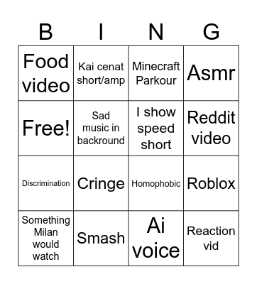 YouTube shorts Bingo Card