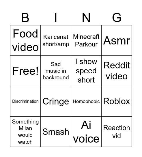 YouTube shorts Bingo Card
