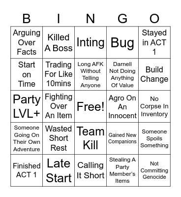 BG3 Bingo Card