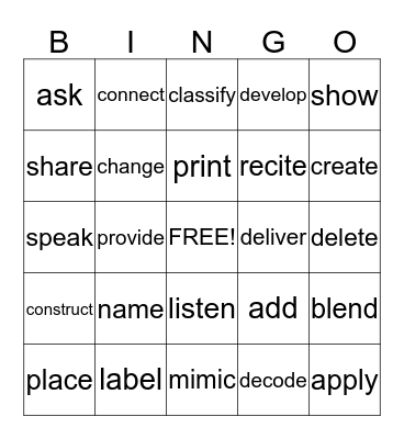 Power Verbs for Reading/Writing Bingo Card