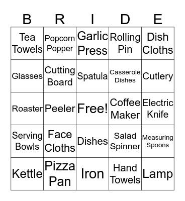 Kelly's Bridal Shower Bingo Card