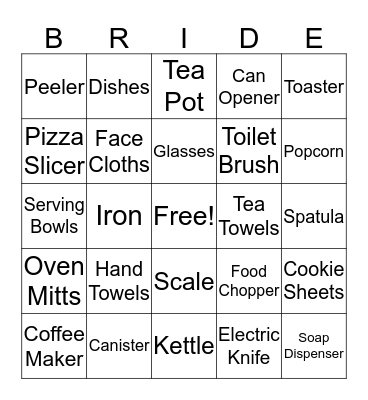 Kelly's Bridal Shower Bingo Card