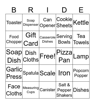 Kelly's Bridal Shower Bingo Card