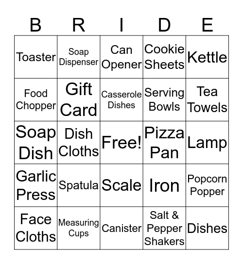 Kelly's Bridal Shower Bingo Card