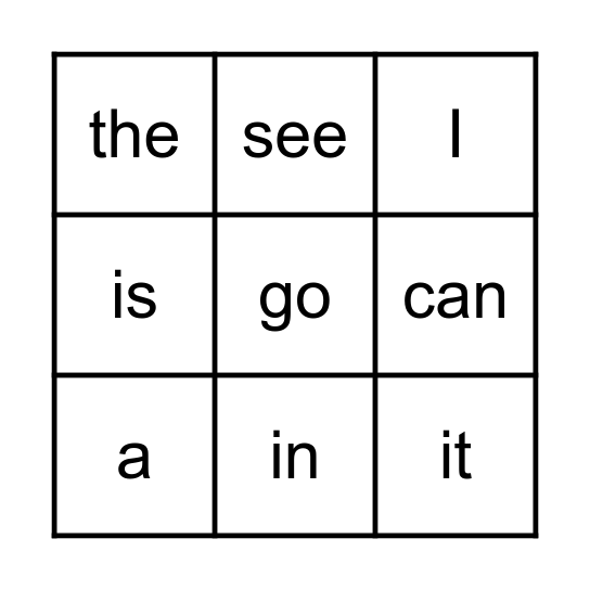 Sight Words Bingo Card