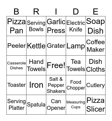 Kelly's Bridal Shower Bingo Card