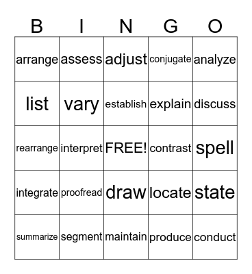 Power Verbs for Reading/Writing Bingo Card