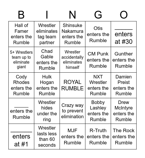 Royal Rumble 2024 Bingo Card