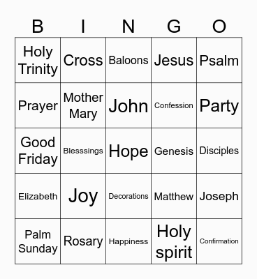Kiara's Communion Bingo Card