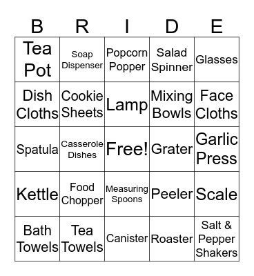 Kelly's Bridal Shower Bingo Card