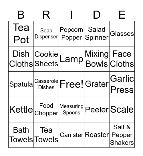 Kelly's Bridal Shower Bingo Card