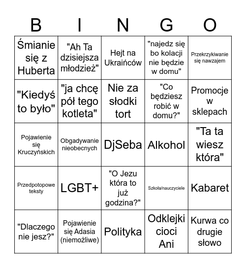 Rodzinna impreza Bingo Card