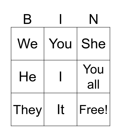 Personal Pronouns Bingo Card