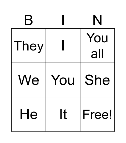 Personal Pronouns Bingo Card