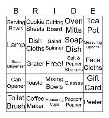 Kelly's Bridal Shower Bingo Card