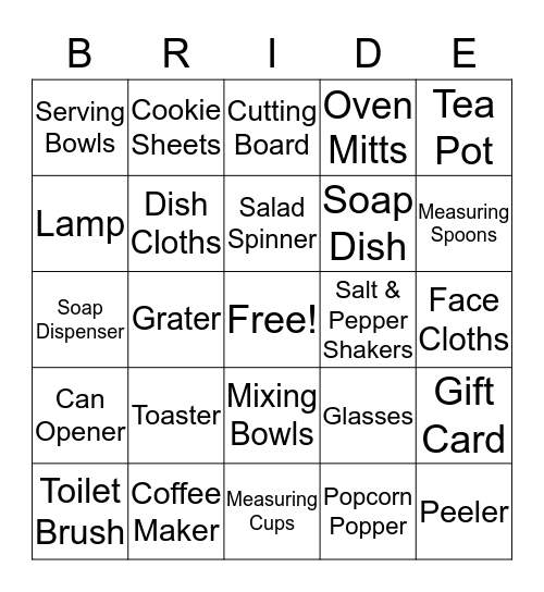 Kelly's Bridal Shower Bingo Card