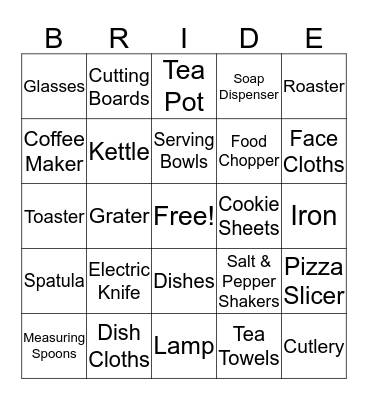 Kelly's Bridal Shower Bingo Card