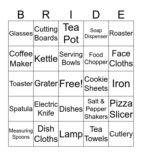 Kelly's Bridal Shower Bingo Card