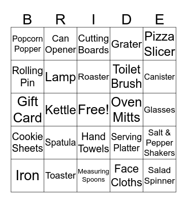 Kelly's Bridal Shower Bingo Card