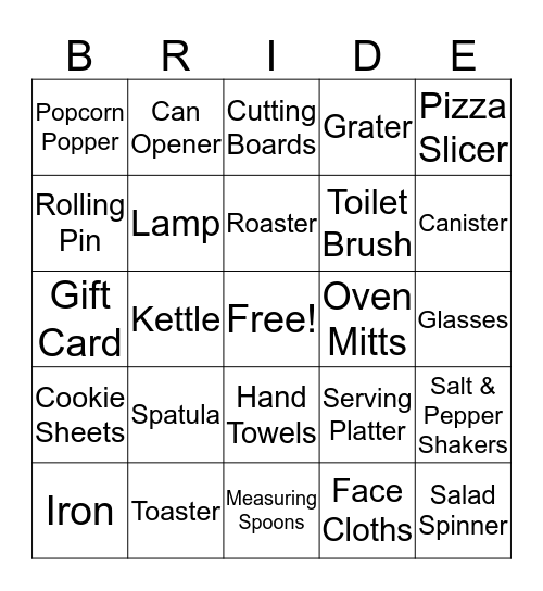 Kelly's Bridal Shower Bingo Card