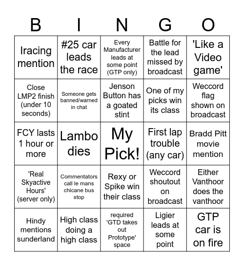 Weccord Rolex 24 Bingo Card