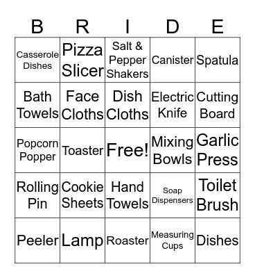 Kelly's Bridal Shower Bingo Card
