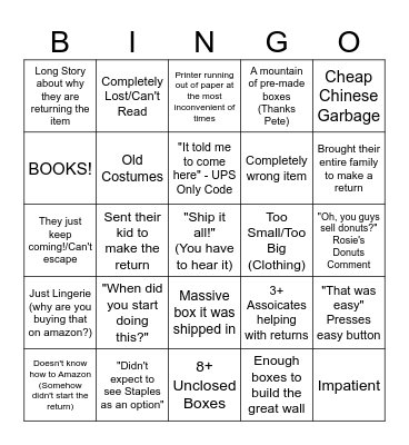 Weekly Staples Amazon Return Bingo Card
