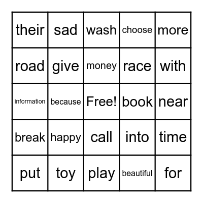 5th Grade Bingo Card