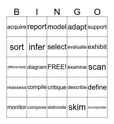 Power Verbs for Reading/Writing Bingo Card